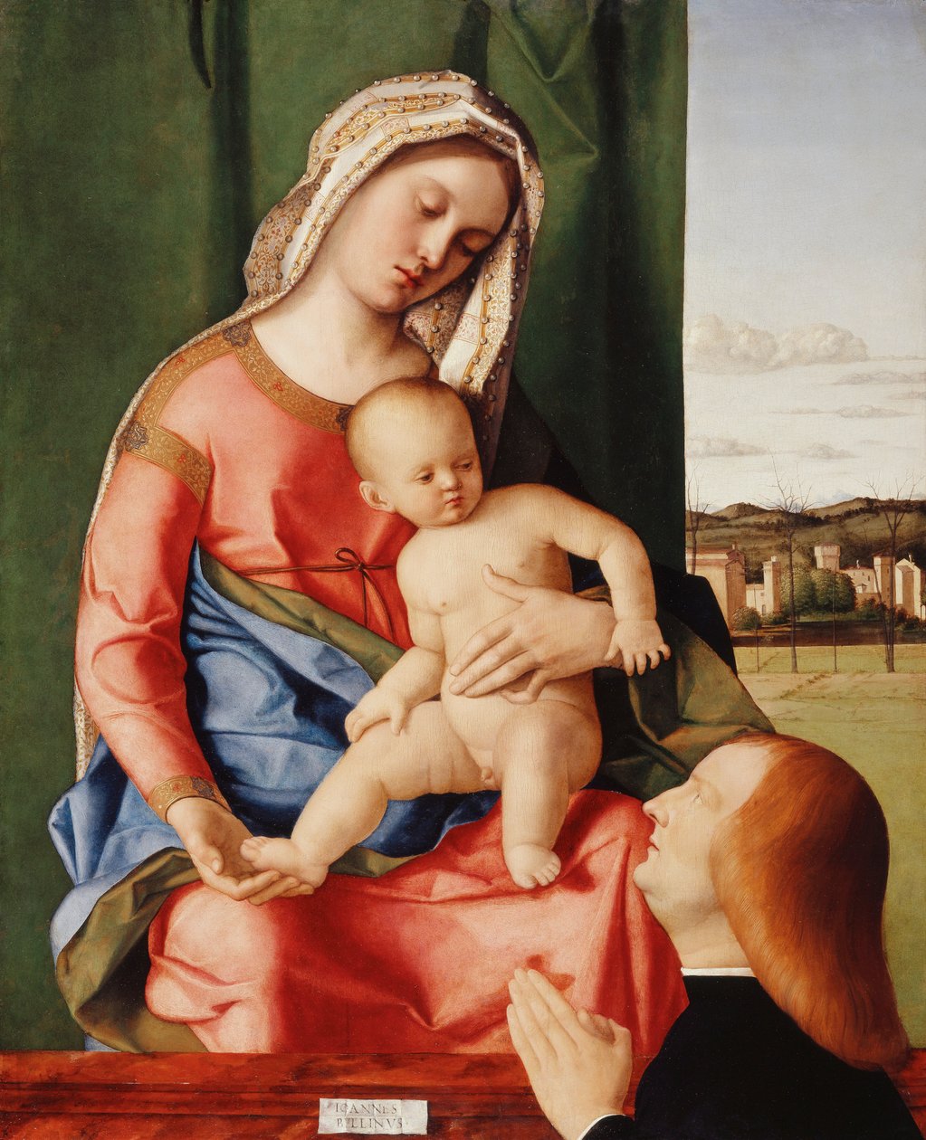 Madona s dítětem s mužským dárcem, krajina za ní, od Giovanni Bellini