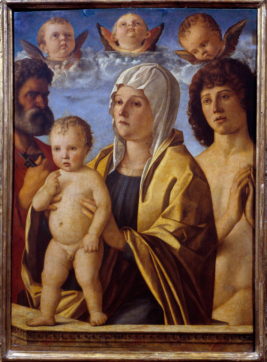 Panna a Dítě Ježíš mezi sv. Petrem a sv. Šebestiánem Obraz Giovanni Bellini dit il Giambellino (1430-1516) 16. století Slunce. 0,82x0,58 m - Panna a Dítě Ježíš mezi sv. Petrem a sv. Šebestiánem. Obraz Giovanniho Belliniho s názvem G od Giovanni Bellini
