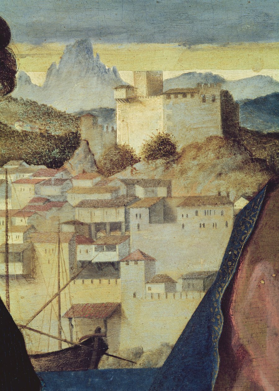 Panna a dítě mezi svatým Janem Křtitelem a světicí, detail krajiny za sebou, kolem 1504 (detail 161539) od Giovanni Bellini