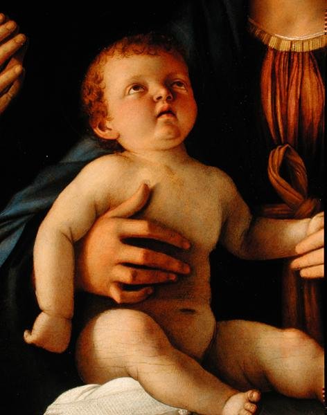 Panna s dítětem se sv. Kateřinou a Marií Magdalenou, cca 1500 (olej na desce) (detail) od Giovanni Bellini