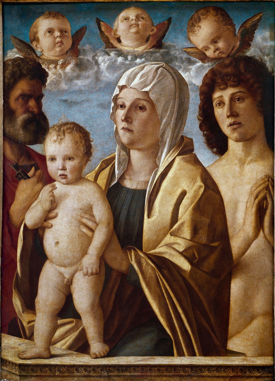 Panna s dítětem se svatým Petrem a svatým Sebastianem (tempera na panelu od Giovanni Bellini
