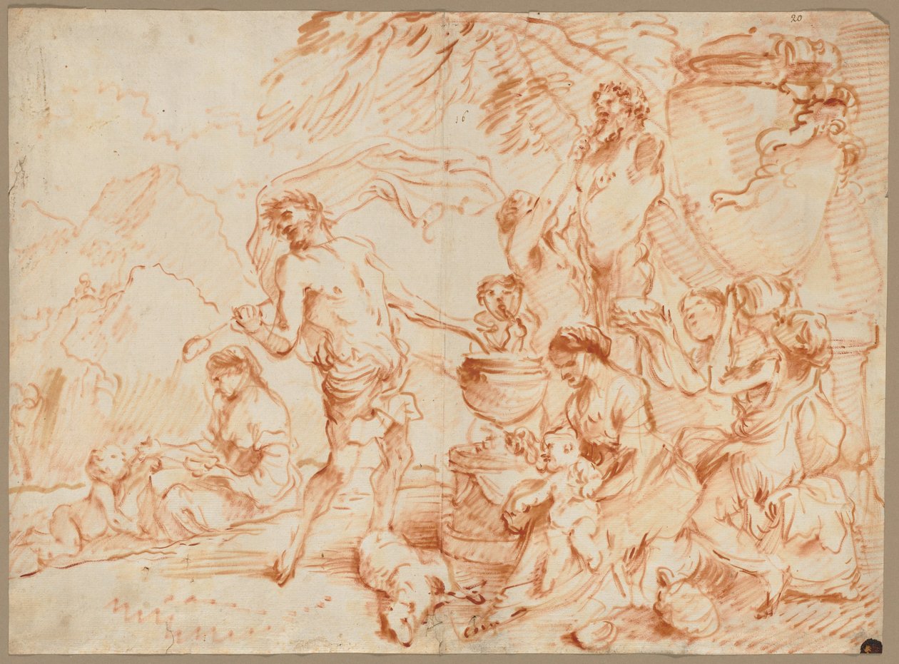 Bakchanálie před Hermou, počátek 60. let 16. století (olej a červenohnědý pigment) od Giovanni Benedetto (1609 64) Castiglione