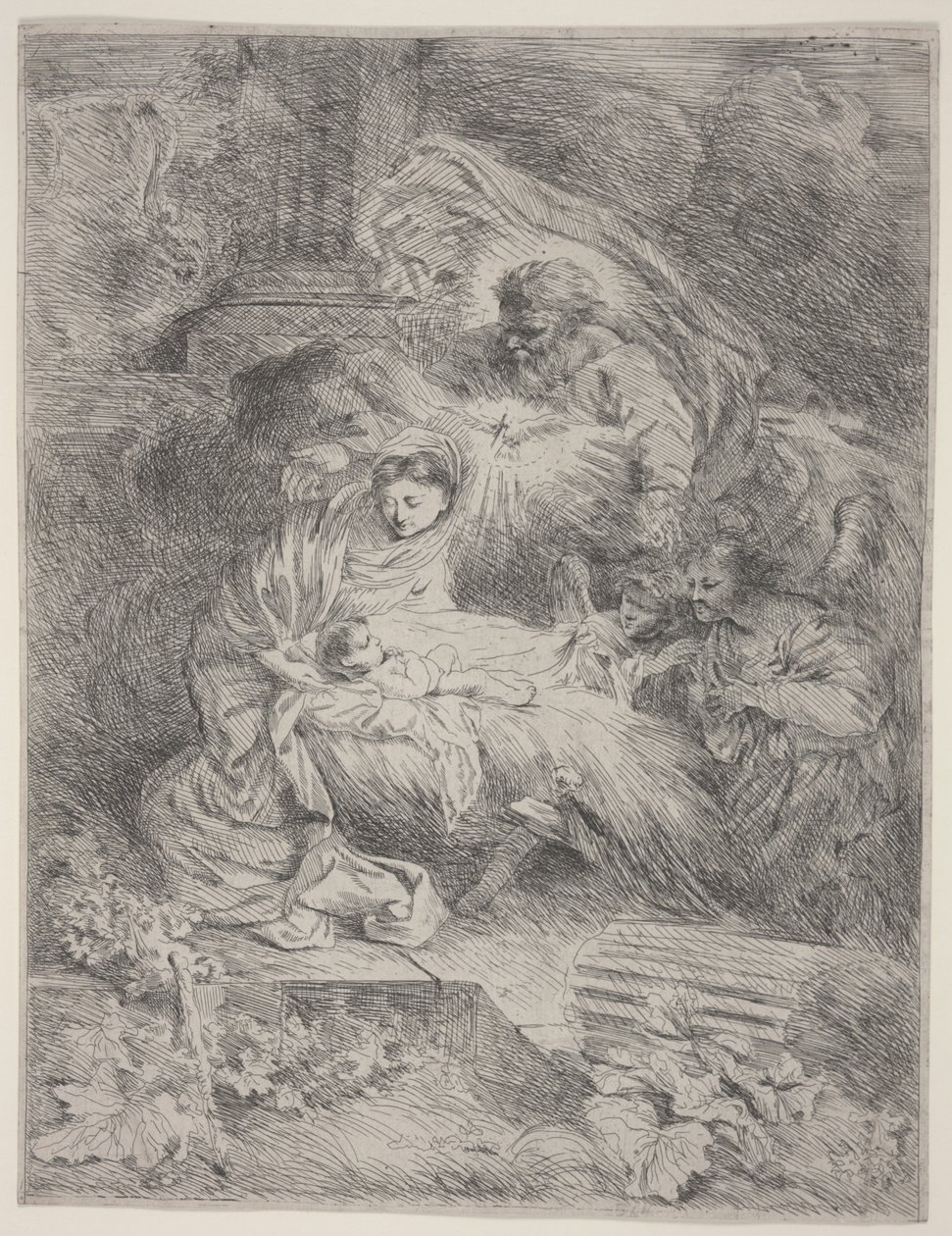 Narození s Bohem Otcem, holubicí Ducha svatého a anděly, kolem roku 1645 (lept) od Giovanni Benedetto Castiglione