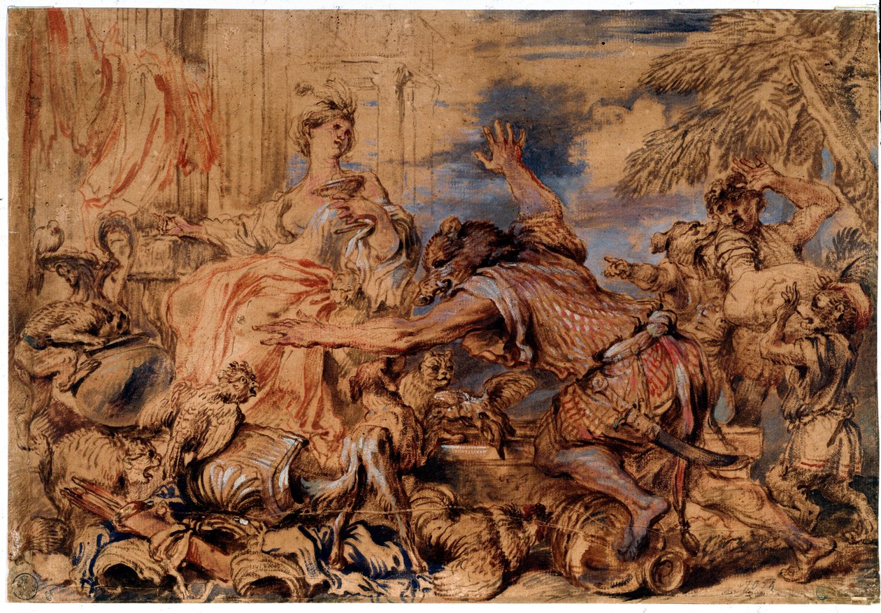 Homérova odysea: čarodějnice Circe a společníci Odyssea (Ulysses) se proměnili ve svině - Kresba od Giovanni Benedetto Castiglione