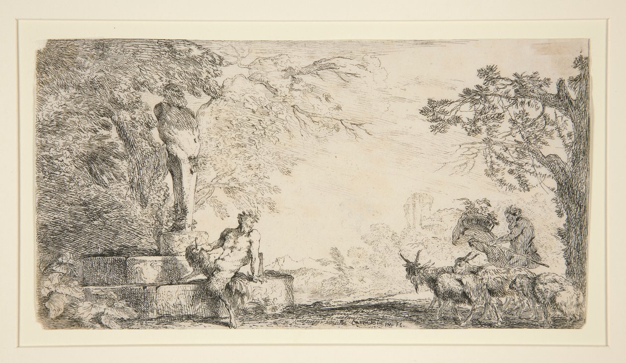 Satyr odpočívající pod Hermem od Giovanni Benedetto Castiglione