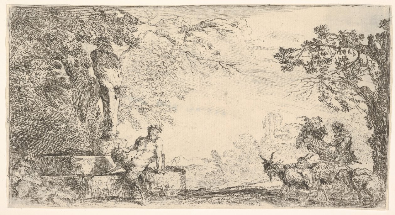 Satyr ležící u nohy sochy Priapa, vpravo kozy, ca. 1645-48. od Giovanni Benedetto Castiglione