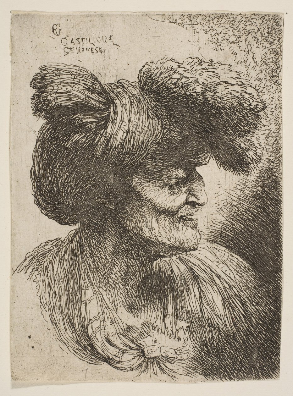 Busta bezvousého starce z profilu vpravo, ze série Malá hlava..., ca. 1645-1650. od Giovanni Benedetto Castiglione