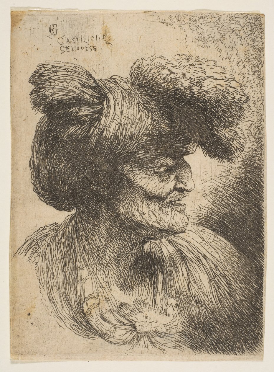 Busta bezvousého starce z profilu vpravo, ze série Malé hlavy ..., ca. 1645-50. od Giovanni Benedetto Castiglione
