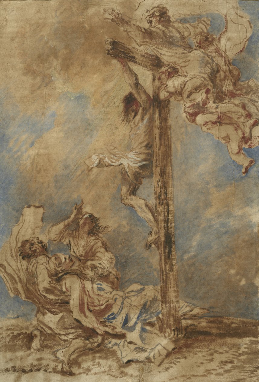 Ukřižování s Pannou Marií, svatými Janem a Marií Magdalenou a Bohem Otcem, kolem roku 1651 od Giovanni Benedetto Castiglione