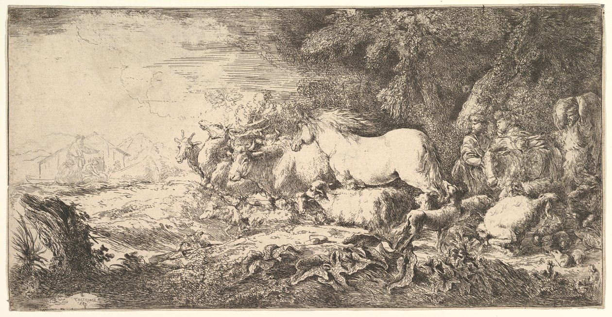 Vstup zvířat do Noemovy archy, tři muži následují čtyřnožce a ptáci střídají..., ca. 1650-55. od Giovanni Benedetto Castiglione