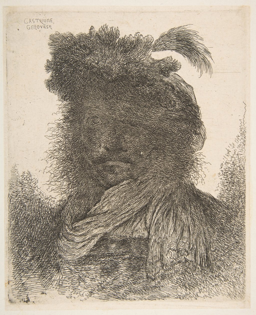 Hlava muže ve stínu pootočená mírně doleva, ze série Large Or..., ca. 1645-1650. od Giovanni Benedetto Castiglione