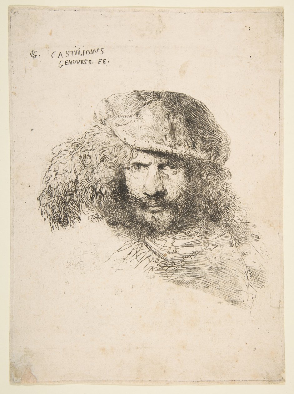 Hlava muže s opeřenou čepicí, možná Bernini, možná autoportrét..., ca. 1645-1650. od Giovanni Benedetto Castiglione