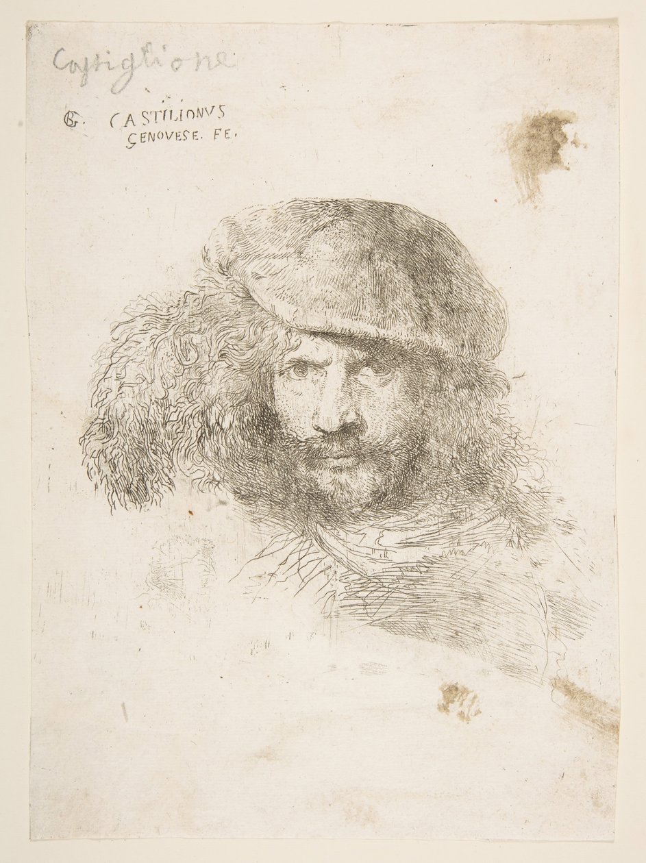 Hlava muže s opeřenou čepicí, možná Bernini, možná autoportrét..., ca. 1645-1650. od Giovanni Benedetto Castiglione
