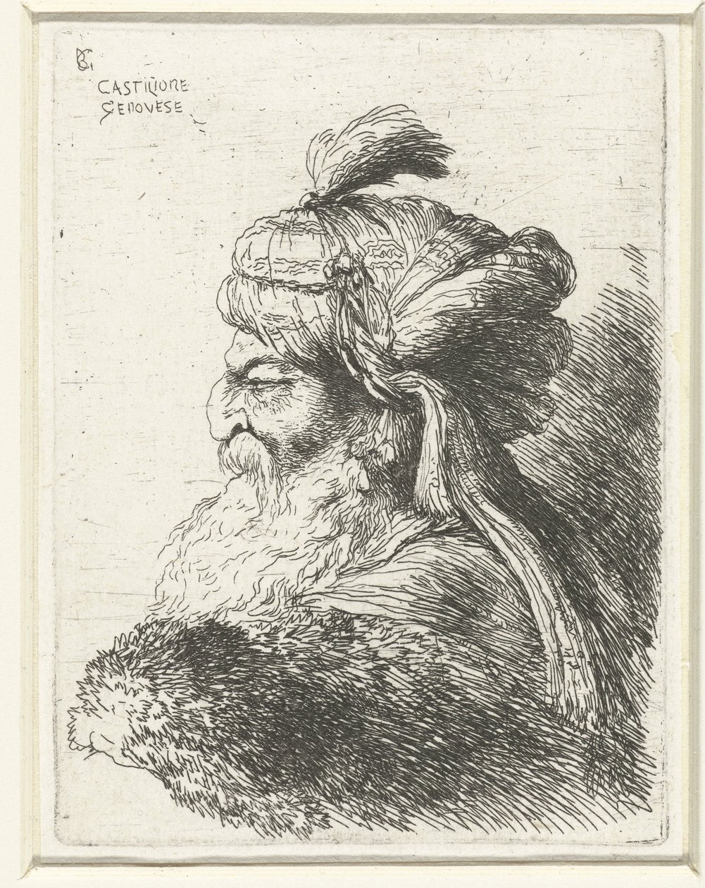 Hlava starého muže s turbanem Malá studie hlav s orientální pokrývkou hlavy (název série) od Giovanni Benedetto Castiglione