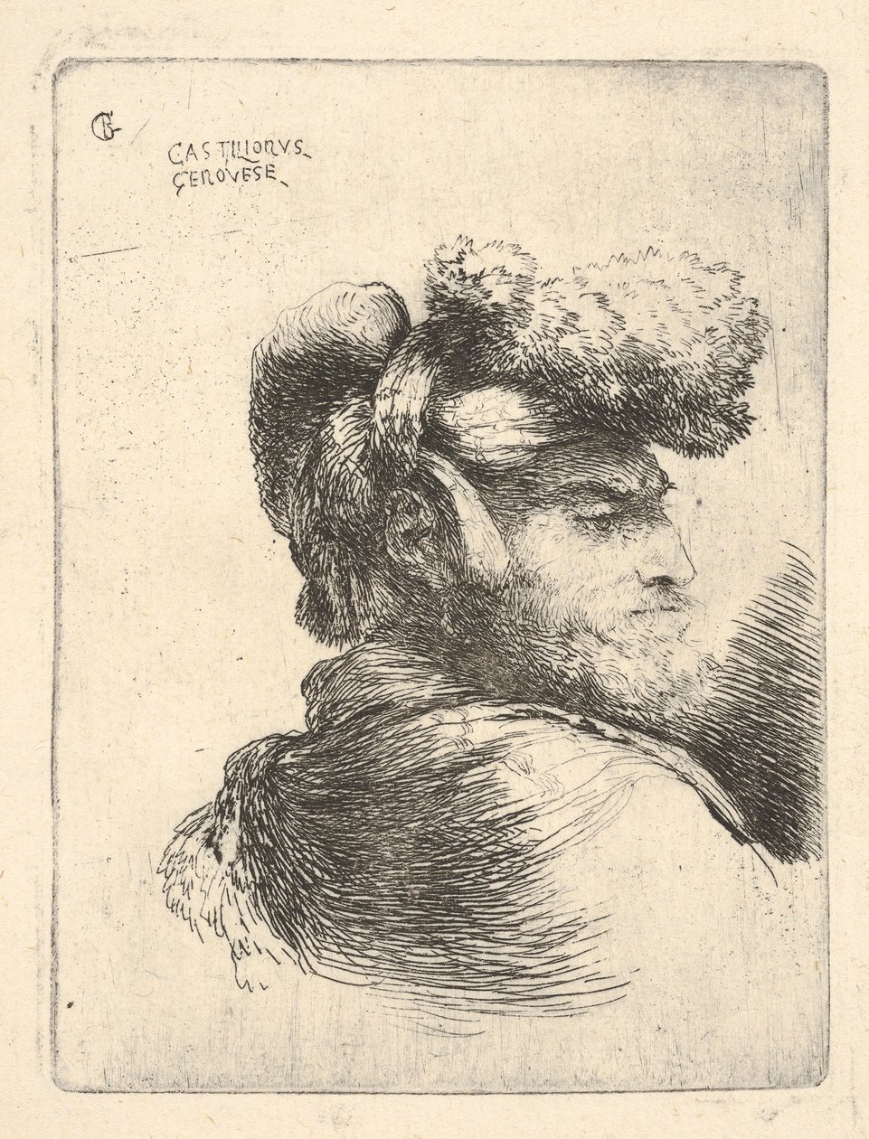 Muž z profilu otočený vpravo, na hlavě kožešinovou čepici, ze série Small Heads in Or..., ca. 1645-1650. od Giovanni Benedetto Castiglione