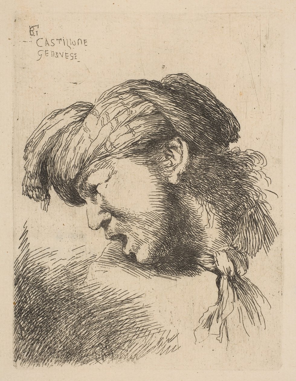 Muž v turbanu s kravatou kolem krku, tváří vlevo, ze série ..., ca. 1645-50. od Giovanni Benedetto Castiglione