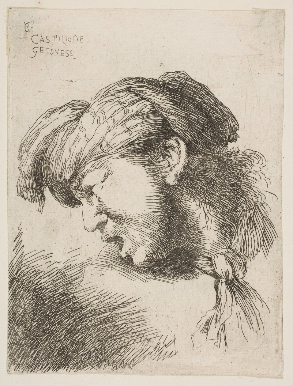 Muž v turbanu, vázanka kolem krku, otočená doleva, ze série..., 1645-1650. od Giovanni Benedetto Castiglione