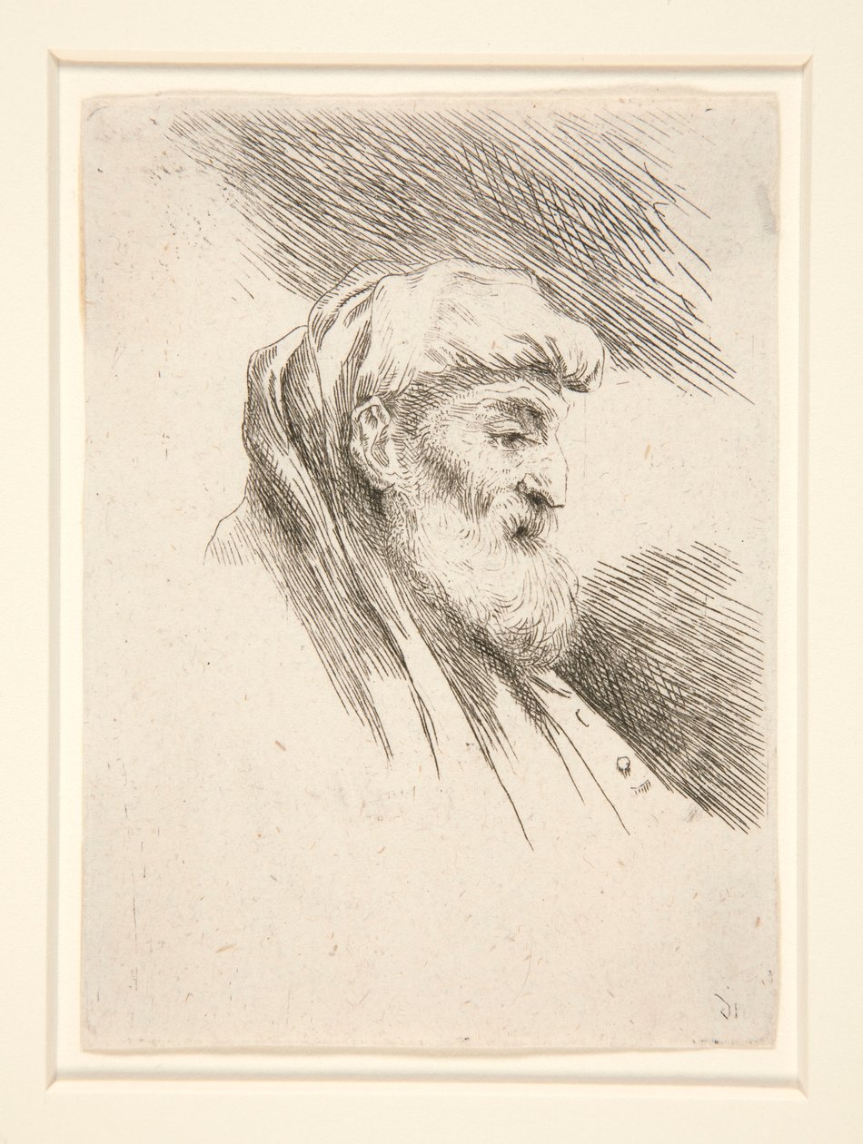 Starý muž s dlouhými vousy, z profilu, otočený doprava, ze série Les petites tetes d od Giovanni Benedetto Castiglione
