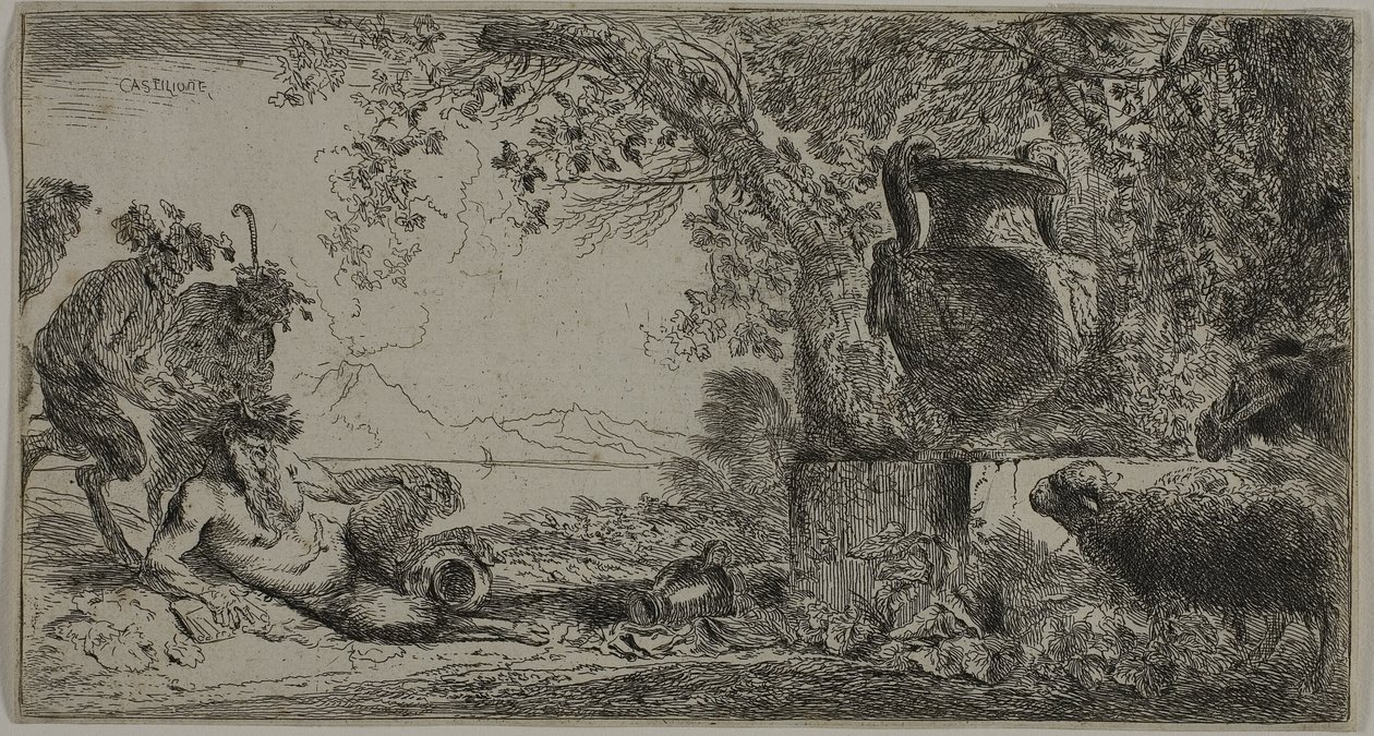 Pánev ležící před velkou vázou od Giovanni Benedetto Castiglione