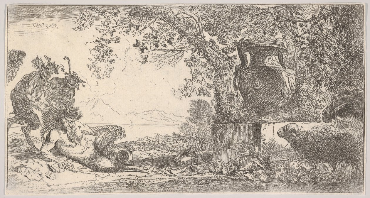 Vlevo sklopná pánev se dvěma stojícími satyry, vpravo velká váza na podstavci, ca. 1645. od Giovanni Benedetto Castiglione