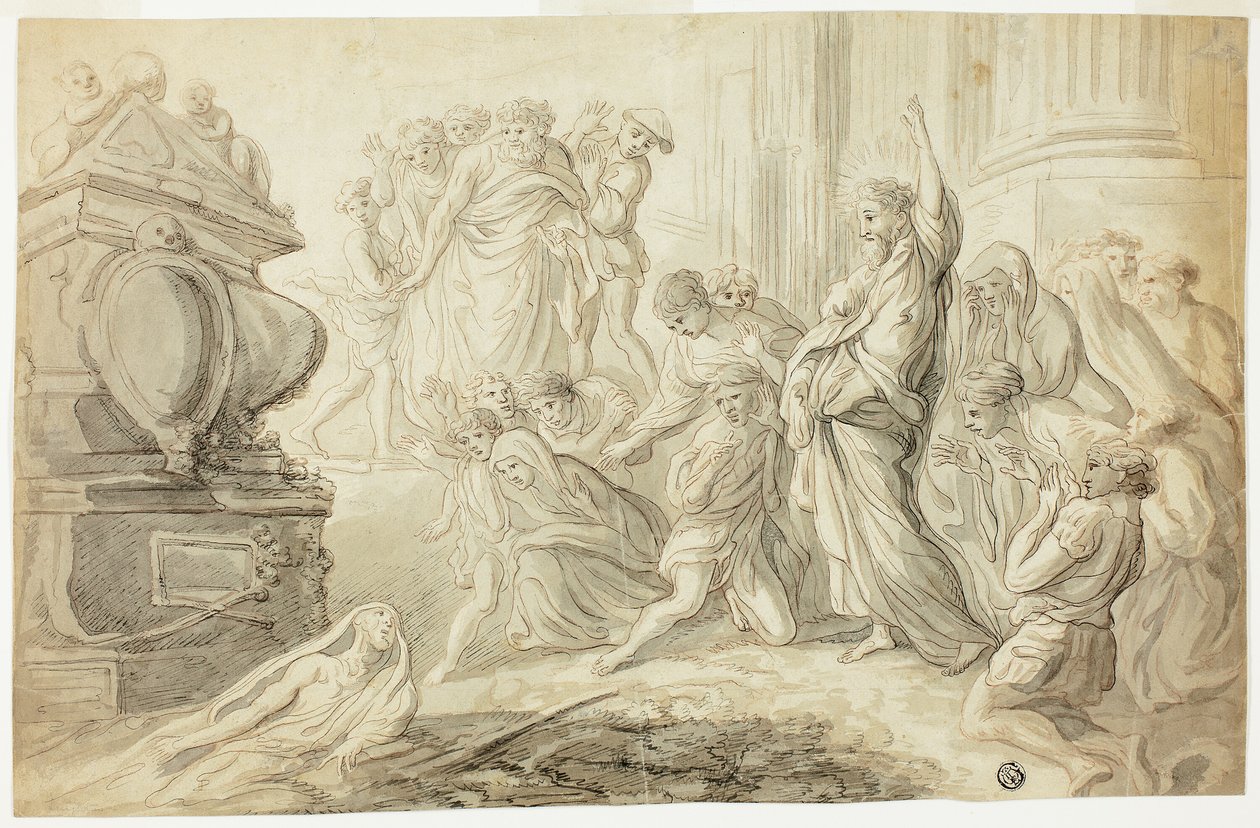 Vzkříšení Lazara (recto); Travelers with Cart Outside Inn (verso) od Giovanni Benedetto Castiglione