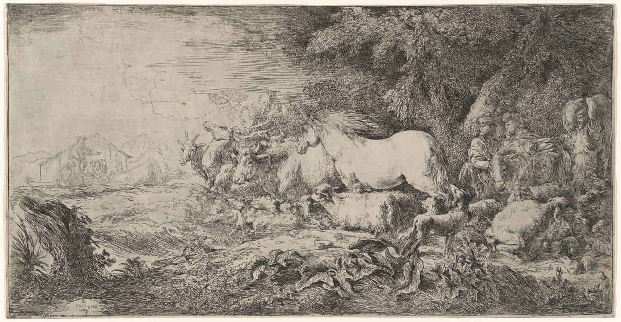 Zvířata jdoucí k arše od Giovanni Benedetto Castiglione