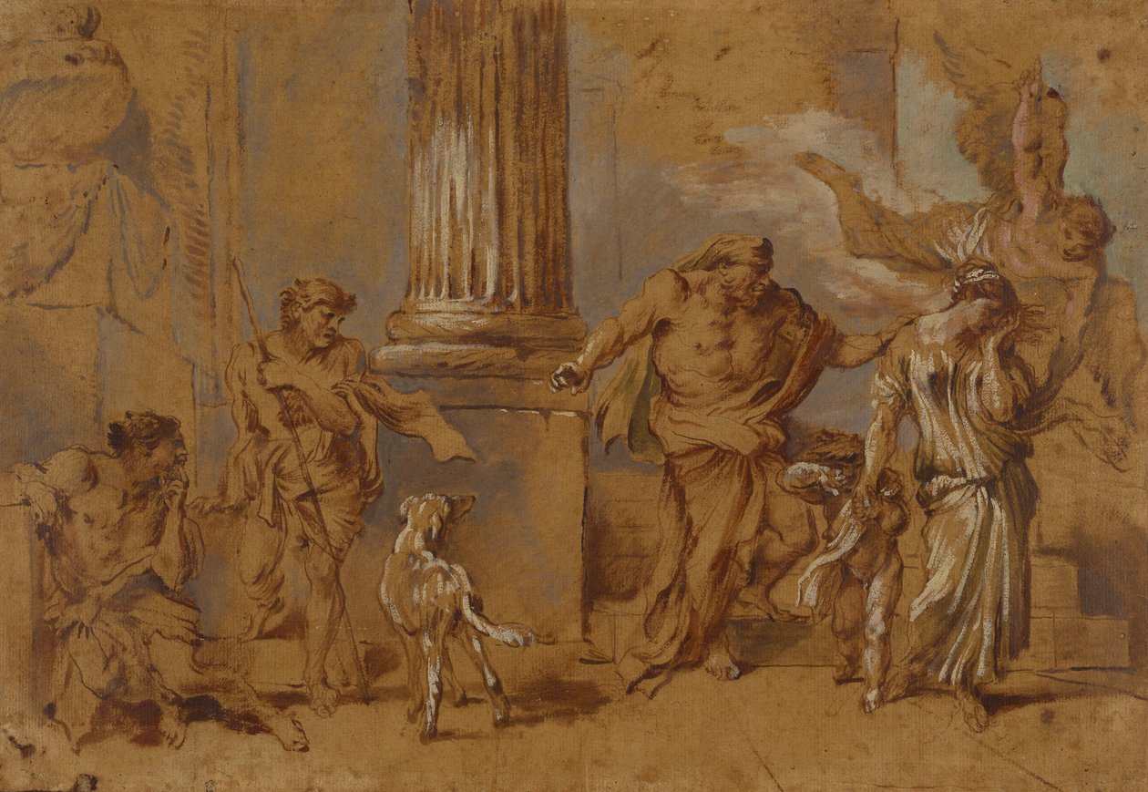 The Expulsion of Hagar, c.1640 (červenohnědá, modrozelená a bílá olejová barva a štětec na hnědém papíře) od Giovanni Benedetto Castiglione