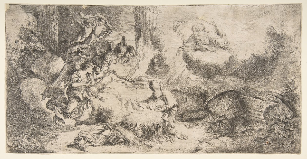 Panna a dítě, Bůh otec vpravo nahoře, andělé vlevo, ca. 1647-50. od Giovanni Benedetto Castiglione