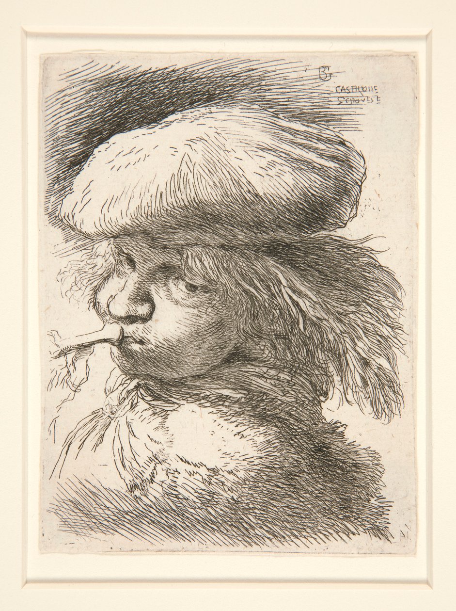 Mladý muž troubí na trubku, ze série Les petites tetes d od Giovanni Benedetto Castiglione