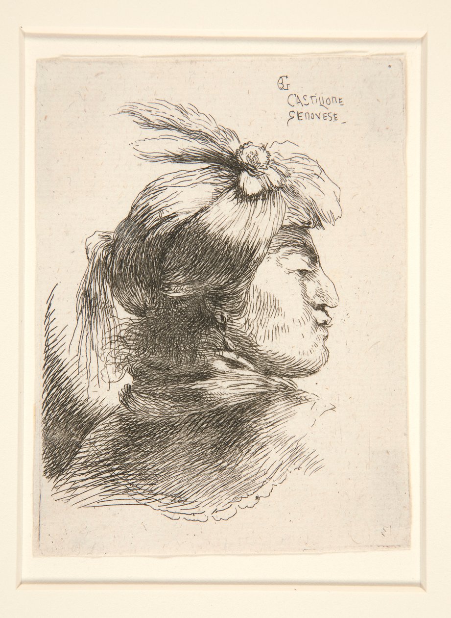 Mladý muž bez vousů, viděno z profilu, otočený doprava, ze série Les petites tetes d od Giovanni Benedetto Castiglione