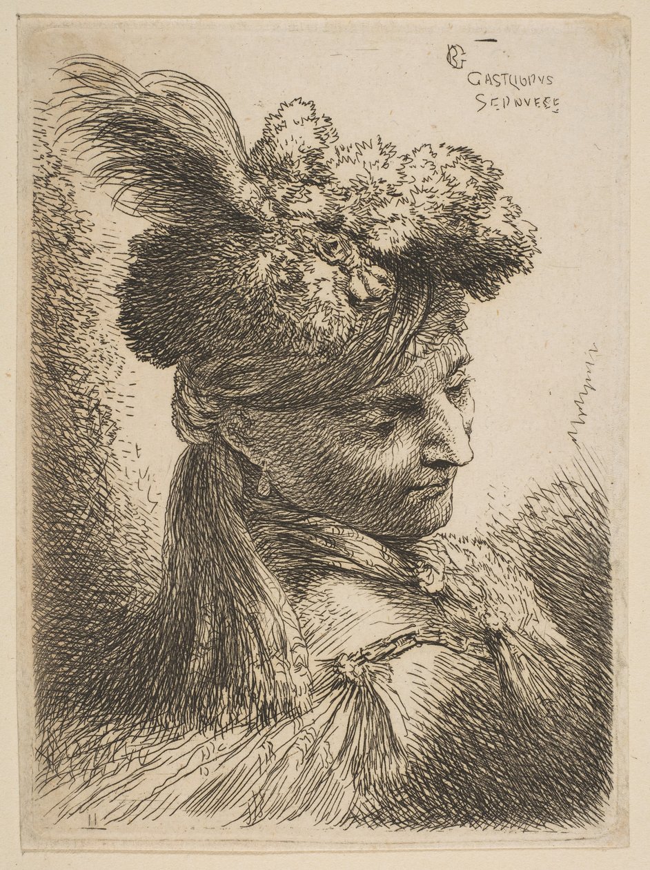 Mladý muž stojící před třemi čtvrtěmi vpravo na sobě kožešinovou čelenku s chocholem, drahokam a..., ca. 1645-50. od Giovanni Benedetto Castiglione