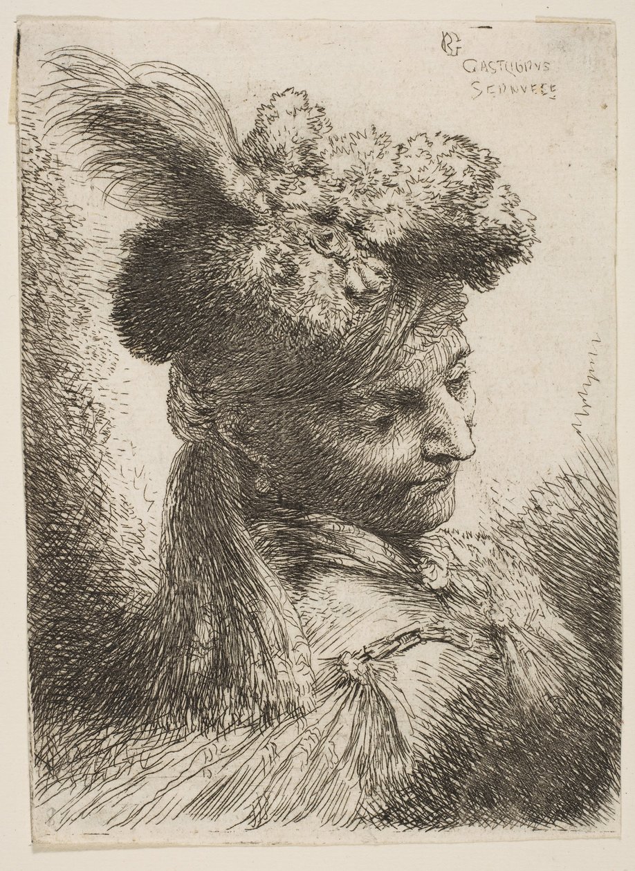 Mladý muž stojící před třemi čtvrtěmi vpravo na sobě kožešinovou čelenku s chocholem, drahokam ..., ca. 1645-1650. od Giovanni Benedetto Castiglione