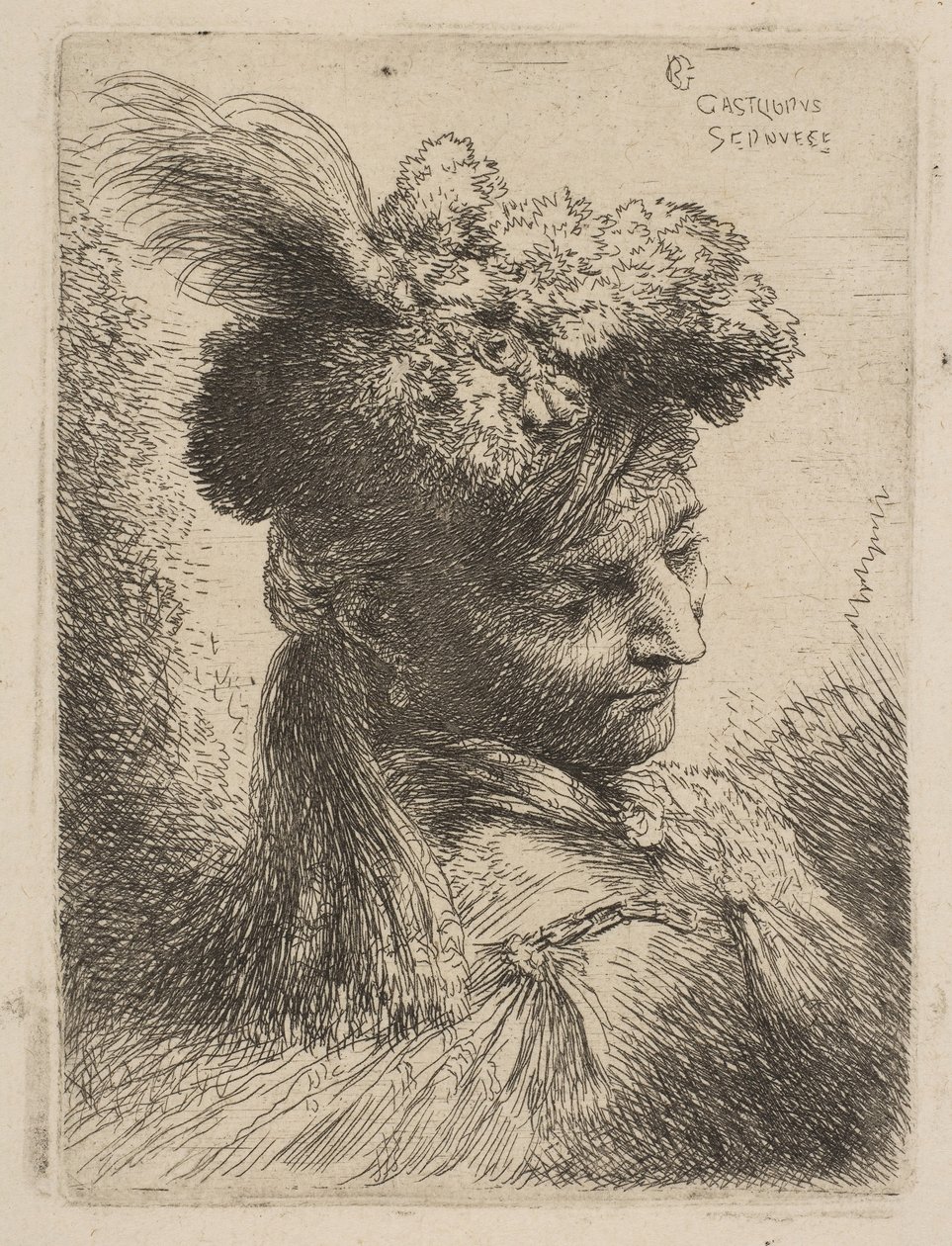 Mladý muž čelem do tří čtvrtin vpravo na sobě kožešinovou čelenku s chocholem, drahokam v..., ca. 1645-50. od Giovanni Benedetto Castiglione
