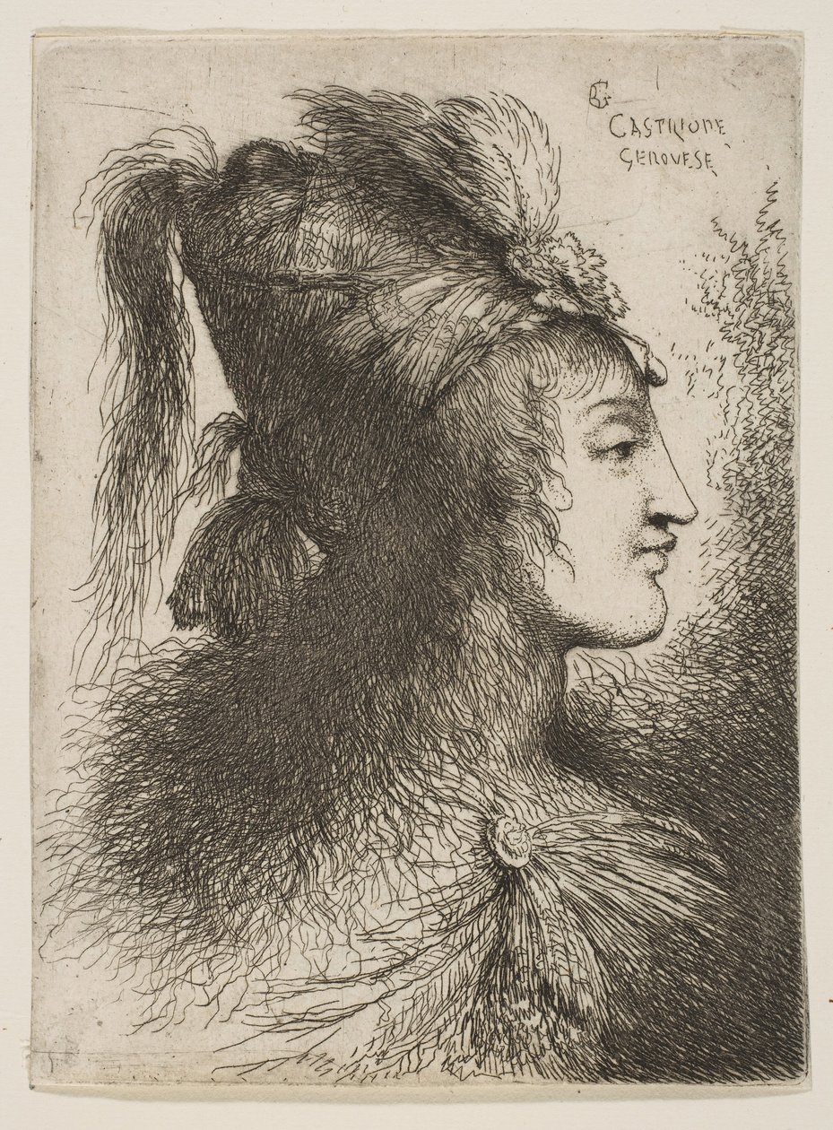 Mladý muž v opeřeném turbanu, otočený vpravo, ze série Small Heads ..., ca. 1645-1650. od Giovanni Benedetto Castiglione