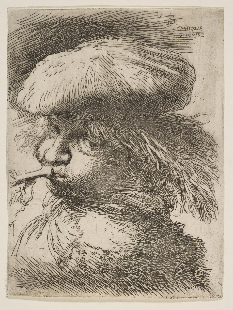 Mladý muž s trubkou směrem doleva, ze série Small Heads in Oriental..., ca. 1645-1650. od Giovanni Benedetto Castiglione