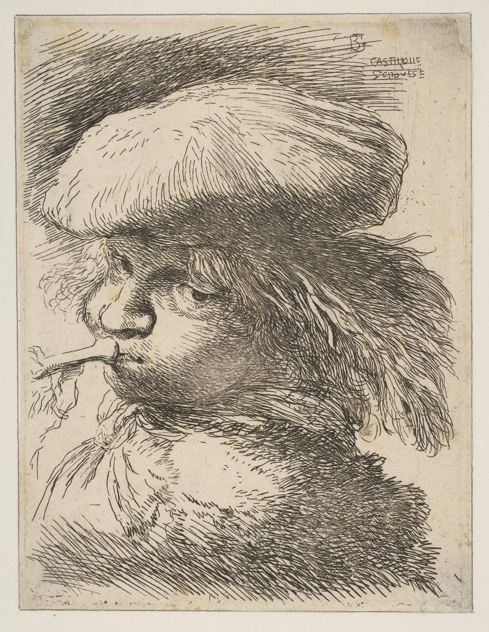 Mladý muž s trubkou směrem doleva, ze série Small Heads in Oriental..., ca. 1645-1650. od Giovanni Benedetto Castiglione