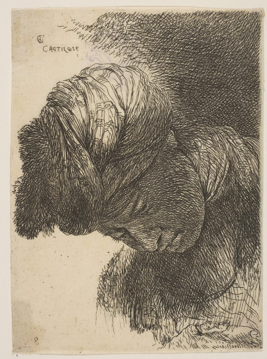 Mladý muž se skloněnou hlavou, v turbanu, tváří vlevo, ze série o..., ca. 1645-1650. od Giovanni Benedetto Castiglione