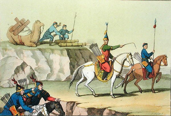 Oddíl postupujících vojáků, ilustrace z knihy "Le Costume Ancien et Moderne" od Giulia Ferraria, vydané asi ve 20.-30. letech 19. století (barevná litografie) od Giovanni Bigatti