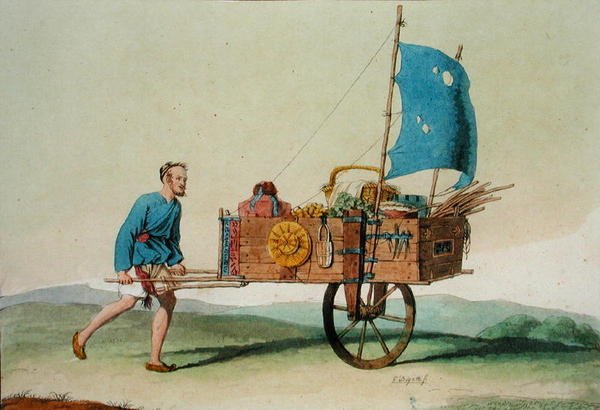 Potulný farmář se svým vozíkem z „Le Costume Ancien et Moderne“ od Julese Ferraria, vydaného kolem 20.–30. let 18. století (barevně lito) od Giovanni Bigatti