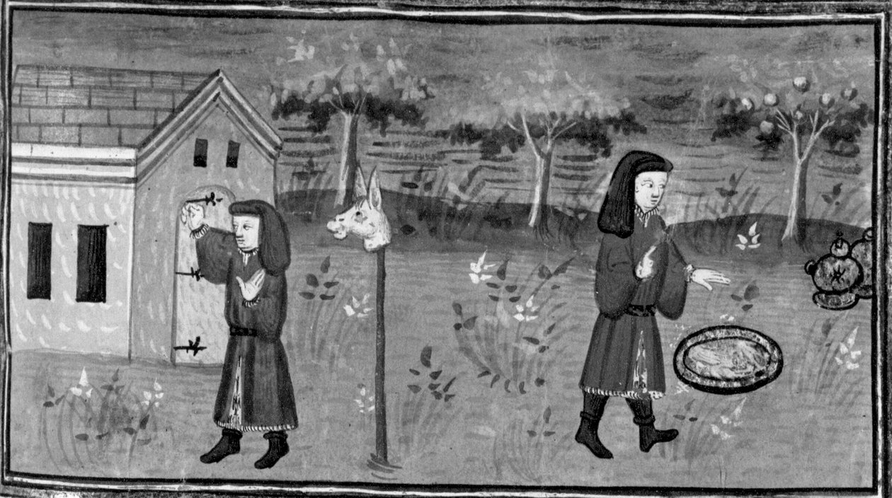 Dekameron,Frédéric zaklepe na dveře paní Tessy; muž najde pod broskvoní jídlo a víno. Sedmý den, povídka 1 od Giovanni Boccaccio