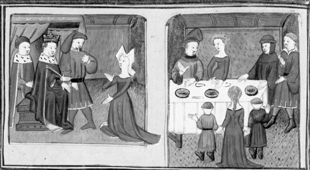 V Dekameronu Giletta žádá krále, aby jí dovolil provdat se za Beltrama di Rossiglione; Giletta Beltrama obdaruje svými dětmi. Třetí den, povídka 9 od Giovanni Boccaccio