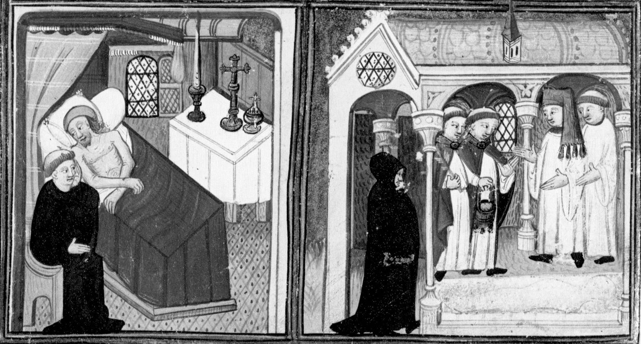 Dekameron,Zpověď umírajícího Ciappelletta; věřící jsou vyzváni k pobožnosti. První den, povídka 1. od Giovanni Boccaccio