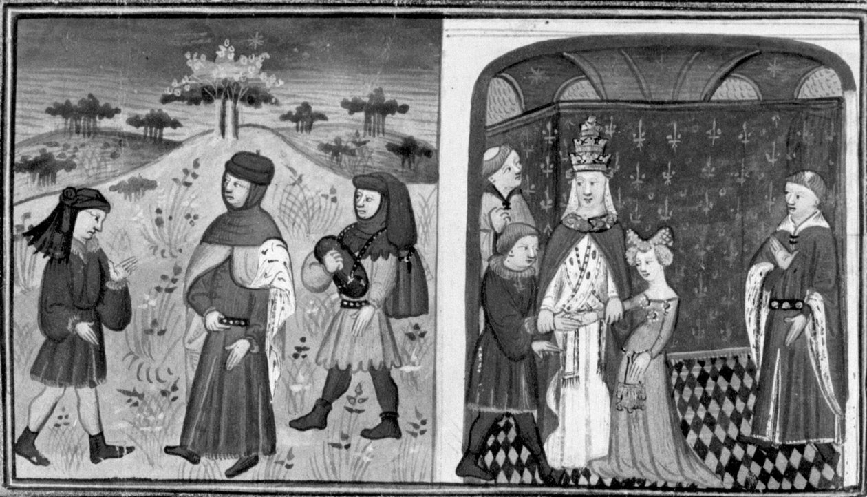 V Dekameronu se Alexandr setkává s mladým opatem; papež provdá Alexandra za anglickou princeznu. Druhý den, povídka 3 od Giovanni Boccaccio