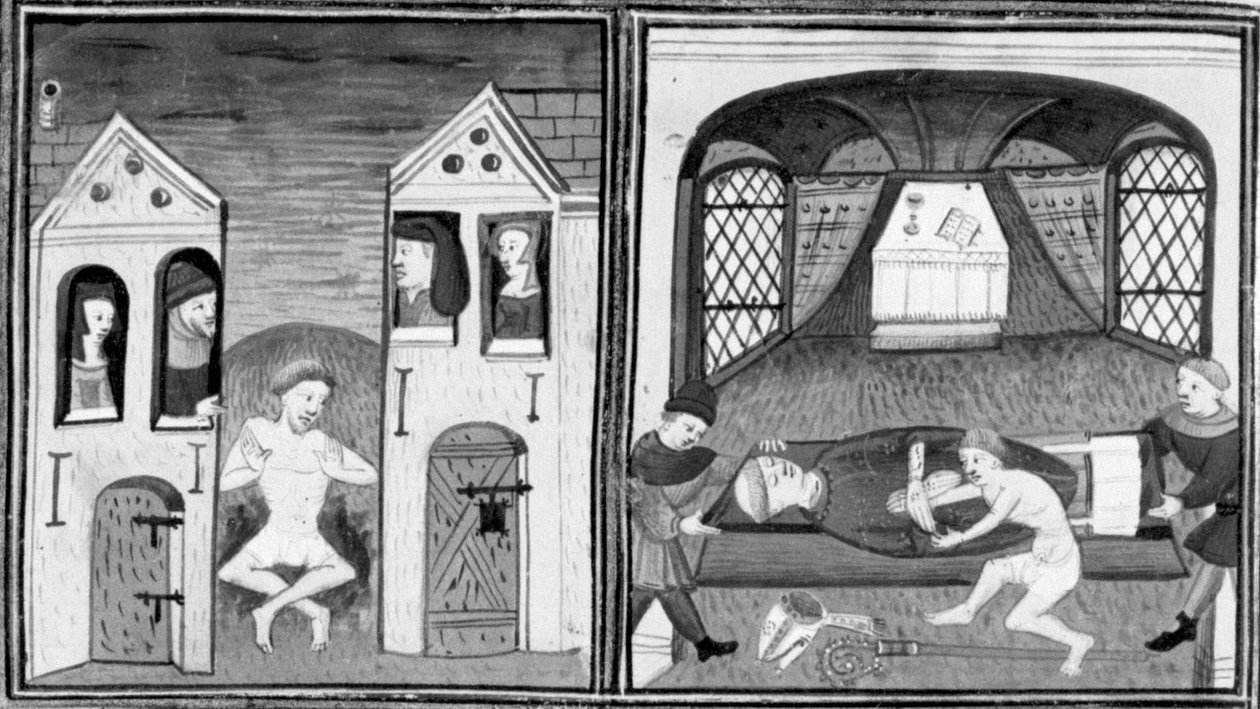 Dekameron, Andreuccio spadne do latríny; Andreuccio pomáhá vykrást biskupovu hrobku. Druhý den, povídka 5 od Giovanni Boccaccio
