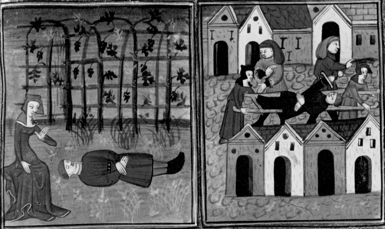Dekameron,
Andreuola najde Gabriota mrtvého; podesta Andreuola zatkne. Čtvrtý den, zpráva č. 6 od Giovanni Boccaccio
