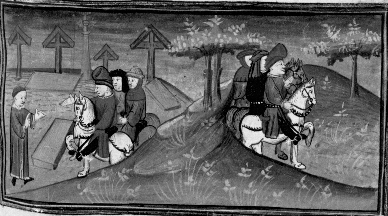 Dekameron, Betto Brunelleschi a jeho brigáda se setkávají s Guidem Cavalcantim; Betto vysvětluje Guidova slova svým přátelům. Den šestý, zpráva č. 9 od Giovanni Boccaccio