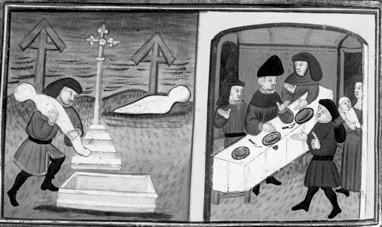 Dekameron, Gentile Carisendi zachrání Catalinu z hrobu; muž představí ženu a jejího syna hostům. Desátý den, povídka 4 od Giovanni Boccaccio