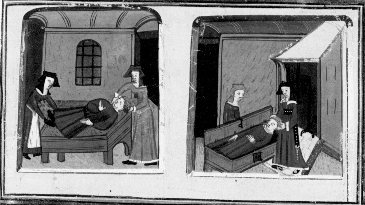 V Dekameronu se Mazzeova žena domnívá, že její milenec je mrtvý; žena ukryje tělo v kufru. Čtvrtý den, povídka 10 od Giovanni Boccaccio
