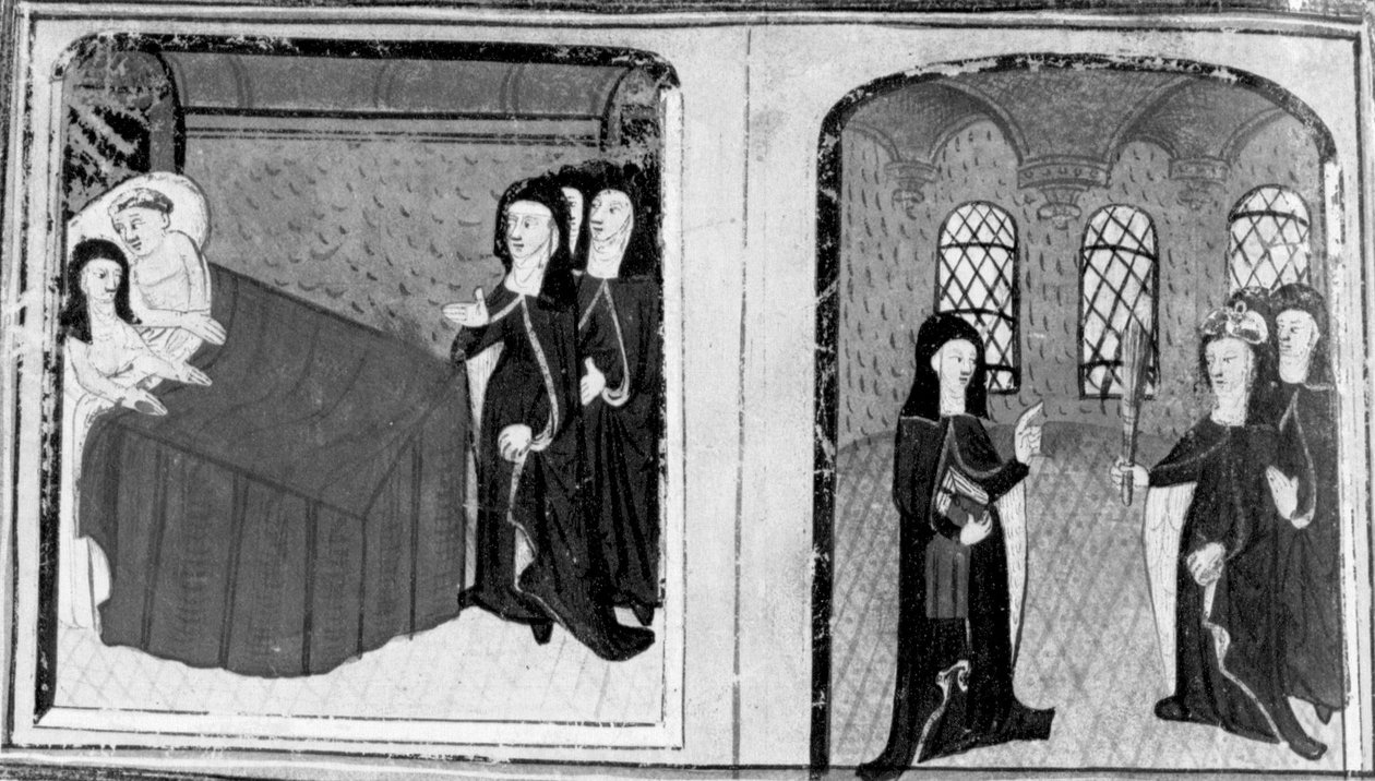 Dekameron, Jeptiška Isabella je přistižena v posteli s milencem; abatyše Isabelle vynadá. Devátý den, povídka 2 od Giovanni Boccaccio