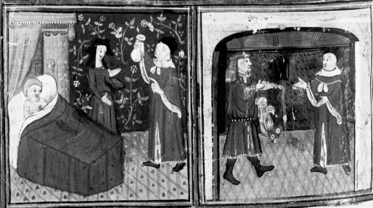 Dekameron, lékař Simone podává Calandrinovi infuzi; Calandrino lékaři platí. Devátý den, povídka 3 od Giovanni Boccaccio